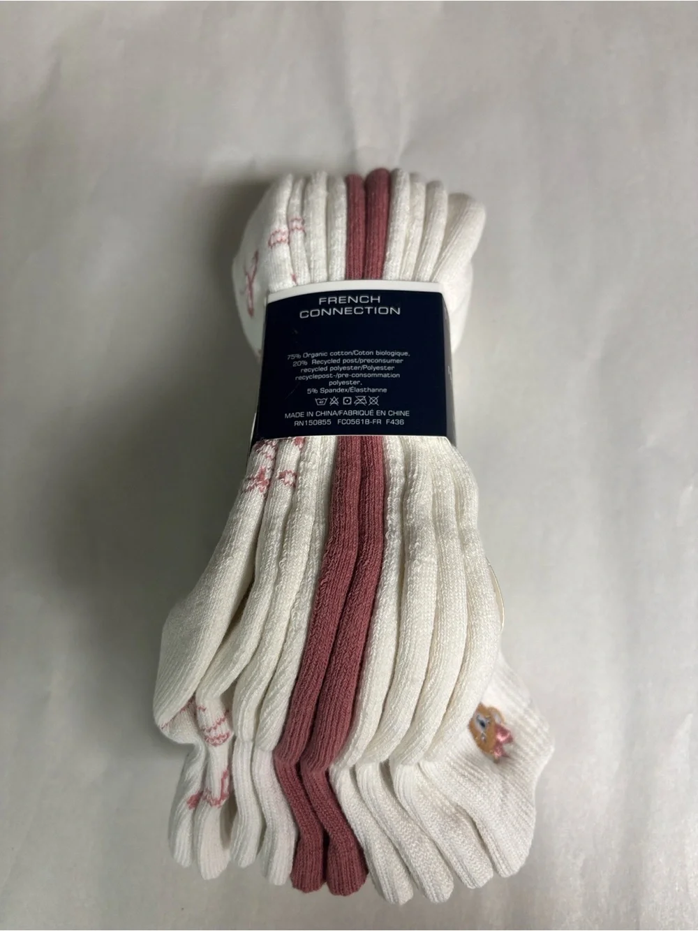New French Connection Socks Women’s 5 Pair White & Pink Bear & Bows Quarter Sock